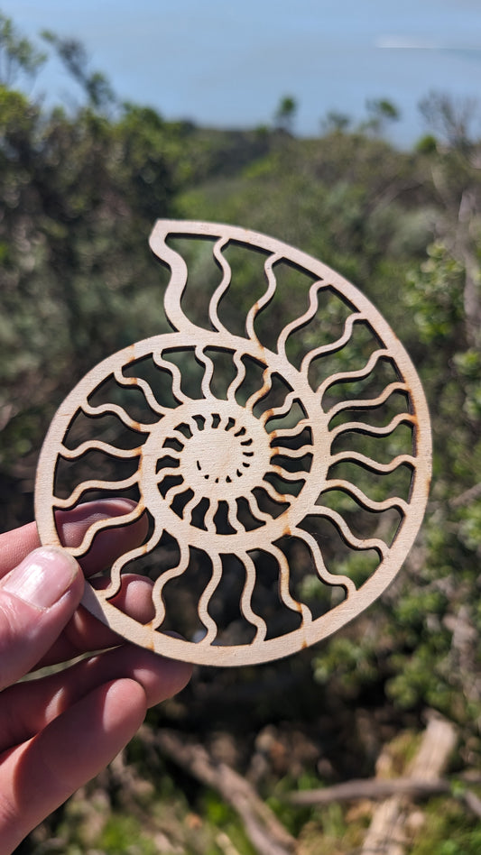 Ammonite Lasercut Wood Wall Art or Crystal Grid - Nautilus Spiral Shell in Poplar Craft Plywood