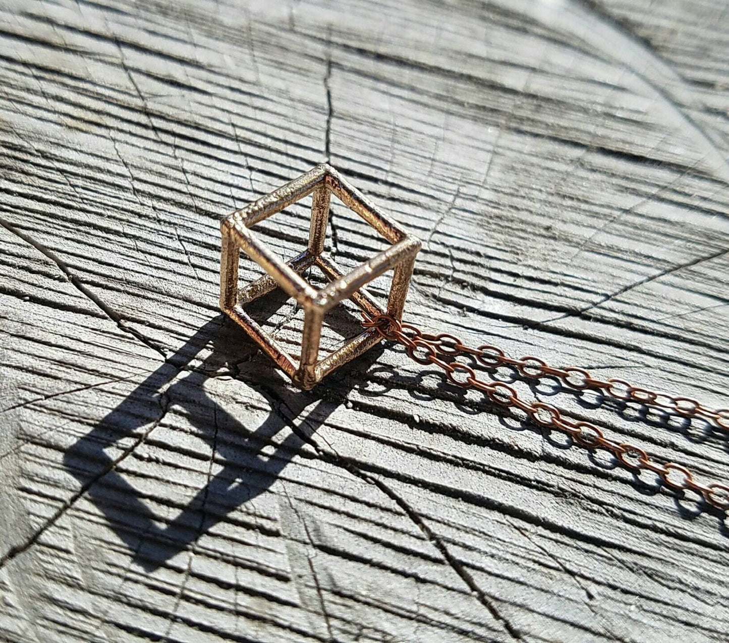 Hexahedron Platonic Solid Bronze Pendant with Chain - Cube