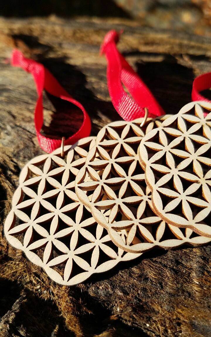 Set of 5 Flower of Life Holiday Ornaments in Reclaimed Wood - Sacred Geometry
