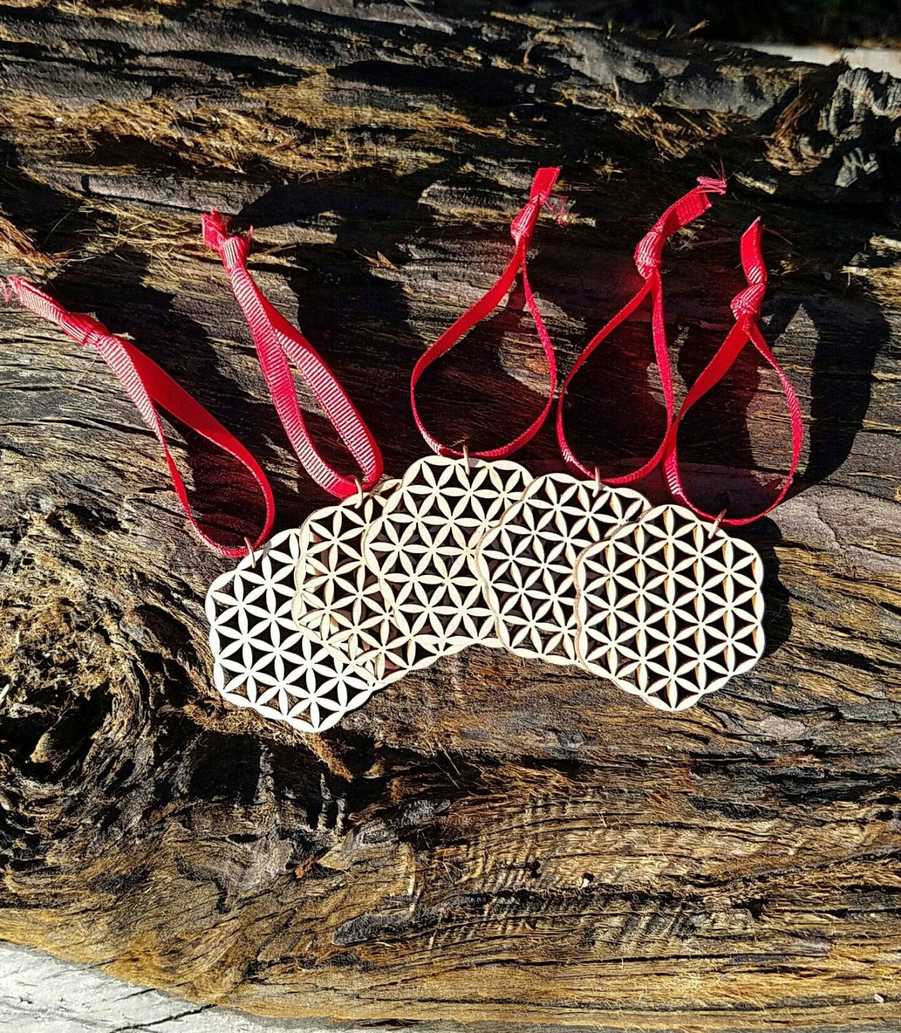 Set of 5 Flower of Life Holiday Ornaments in Reclaimed Wood - Sacred Geometry