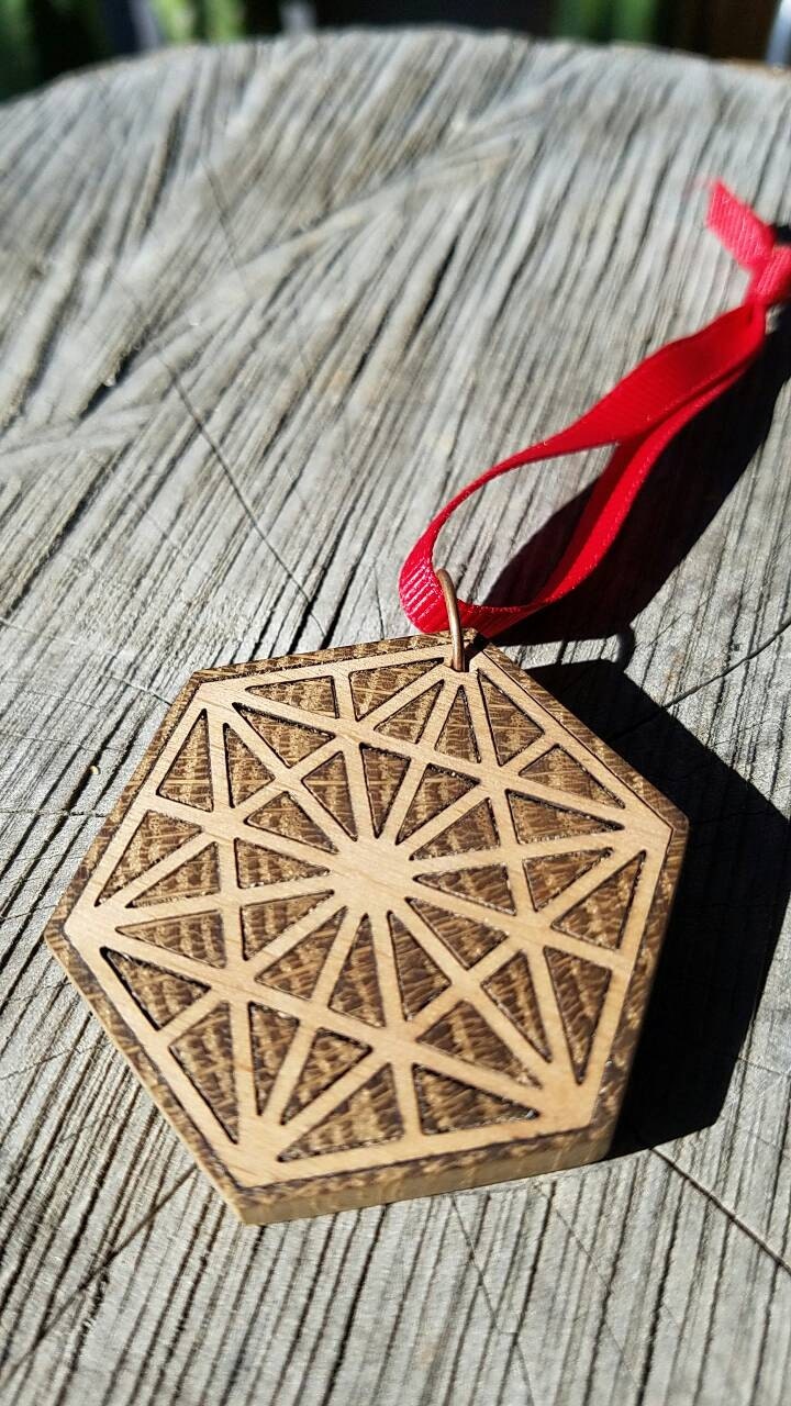 64 Tetrahedron Tree Ornament - Reclaimed Northern California Wood Sacred Geometry Inlay