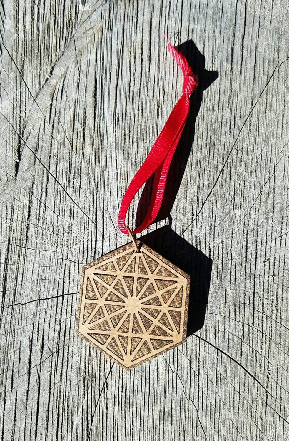 64 Tetrahedron Tree Ornament - Reclaimed Northern California Wood Sacred Geometry Inlay
