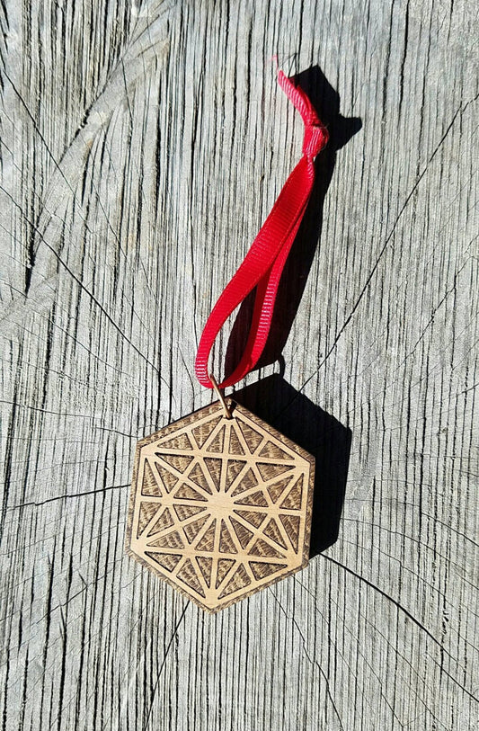 64 Tetrahedron Tree Ornament - Reclaimed Northern California Wood Sacred Geometry Inlay
