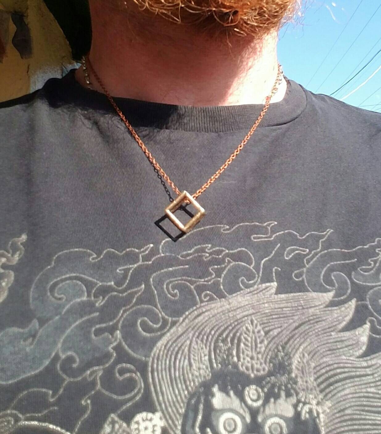 Hexahedron Platonic Solid Bronze Pendant with Chain - Cube