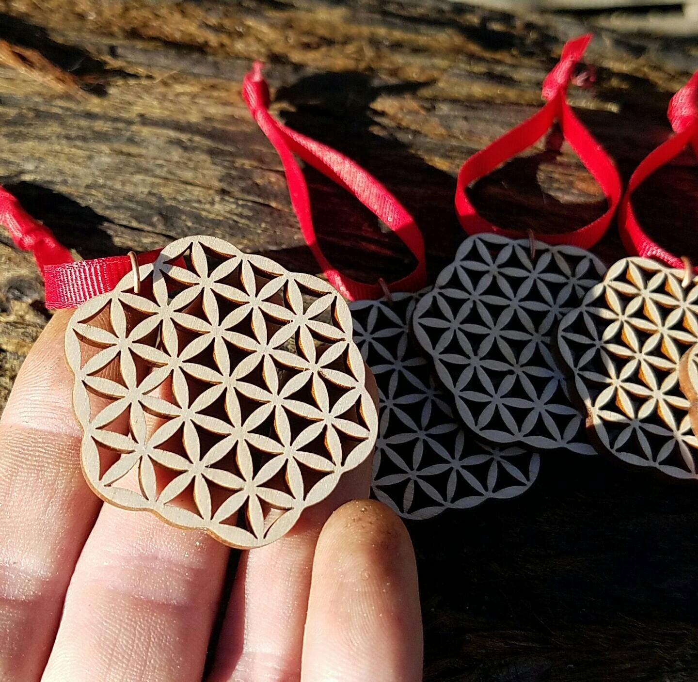 Set of 5 Flower of Life Holiday Ornaments in Reclaimed Wood - Sacred Geometry