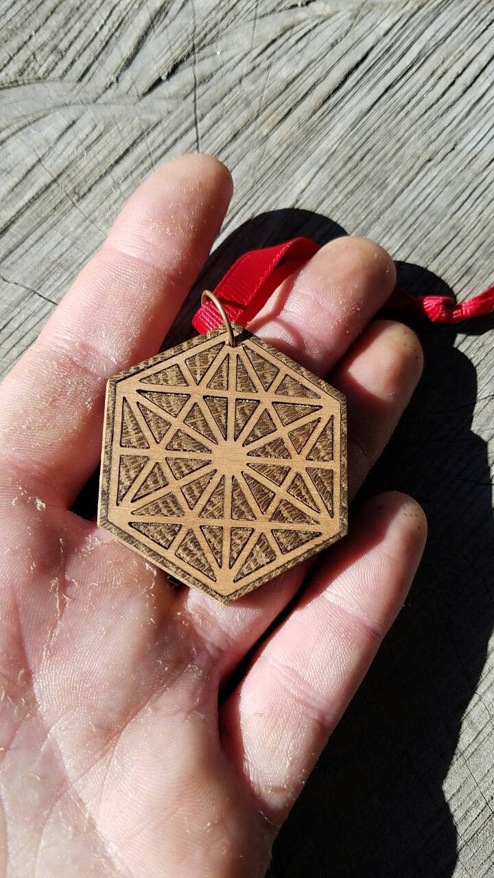 64 Tetrahedron Tree Ornament - Reclaimed Northern California Wood Sacred Geometry Inlay