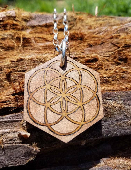Seed of Life Inlaid Reclaimed Wood Pendant - Sacred Geometry - Pacific Madrone/Claro Walnut with Sterling Silver