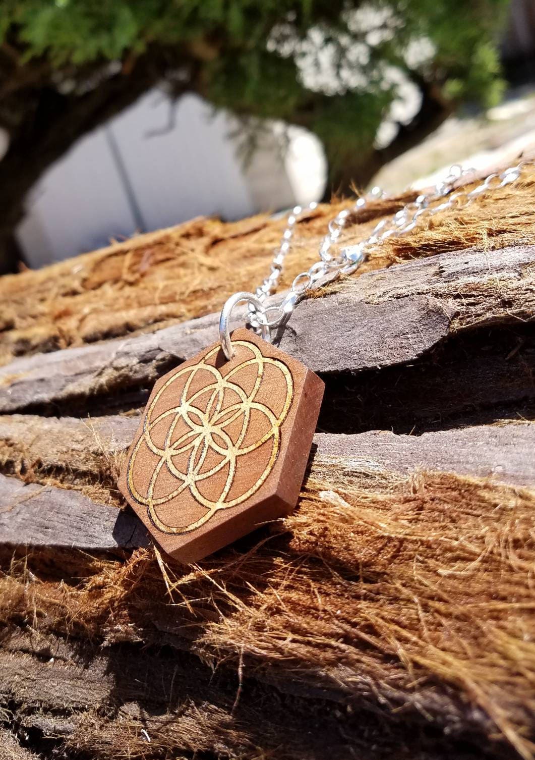 Seed of Life Inlaid Reclaimed Wood Pendant - Sacred Geometry - Pacific Madrone/Claro Walnut with Sterling Silver