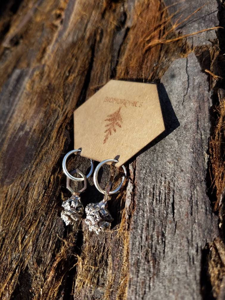 Redwood Cone Hexagon Earrings in Cast Shibuichi and Sterling Silver