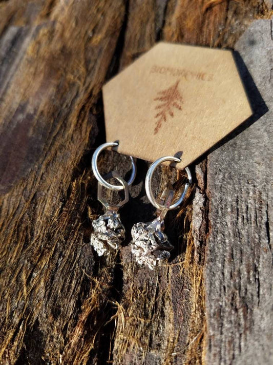 SALE - Redwood Cone Hexagon Earrings in Cast Shibuichi and Sterling Silver