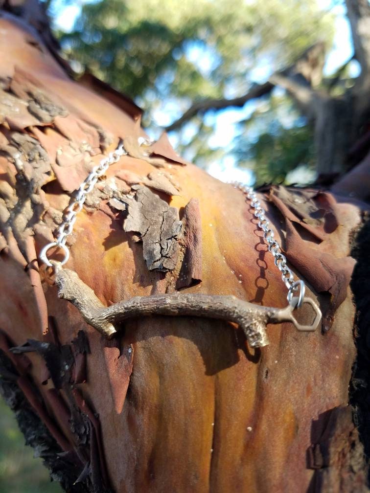 Pacific Madrone Twig Hexagon Bar Necklace - Northern California Mixed Metal Forest Art Jewelry - Pacific Northwest PNW Upper Left USA