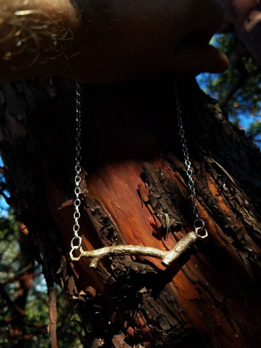 SALE - Pacific Madrone Twig Hexagon Bar Necklace - Northern California Mixed Metal Forest Art Jewelry - Pacific Northwest PNW Upper Left USA