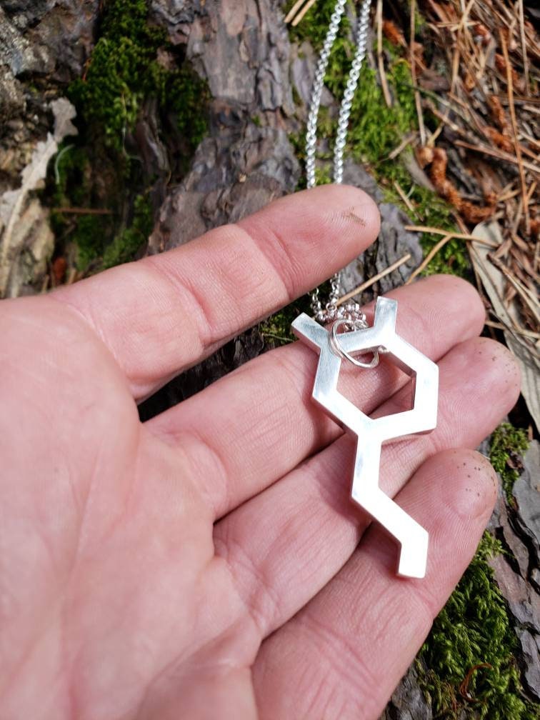 Dopamine Molecule Cast Recycled Sterling Silver Science Jewelry with Chain
