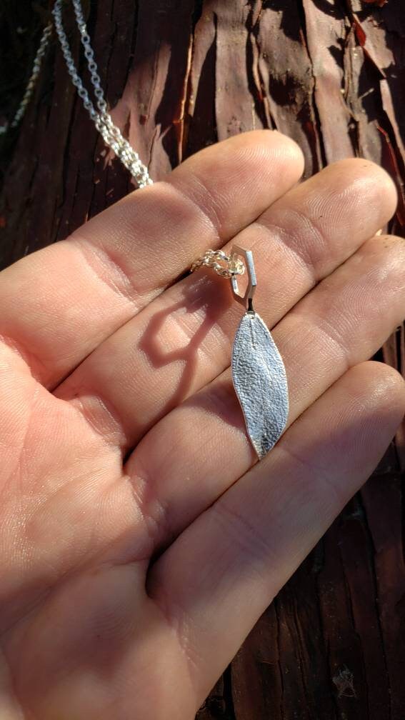 SALE - Manzanita Leaf Hexagon Charm Pendant- Northern California Forest Art Jewelry in Recycled Sterling Silver