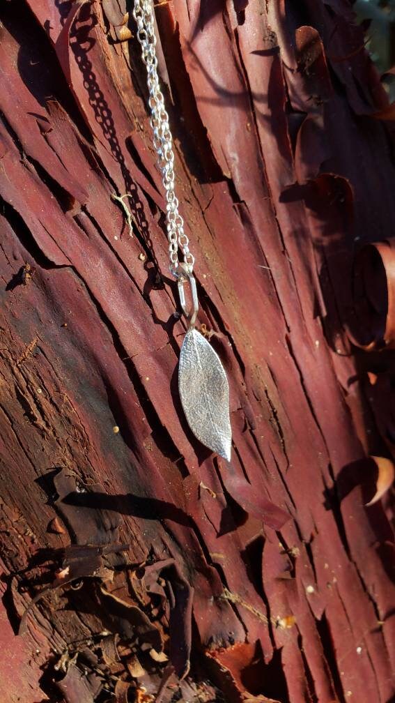 SALE - Manzanita Leaf Hexagon Charm Pendant- Northern California Forest Art Jewelry in Recycled Sterling Silver