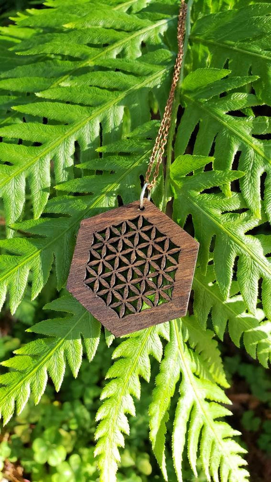Flower of Life Laser Cut Reclaimed Wood Pendant with Copper Chain - Sacred Geometry