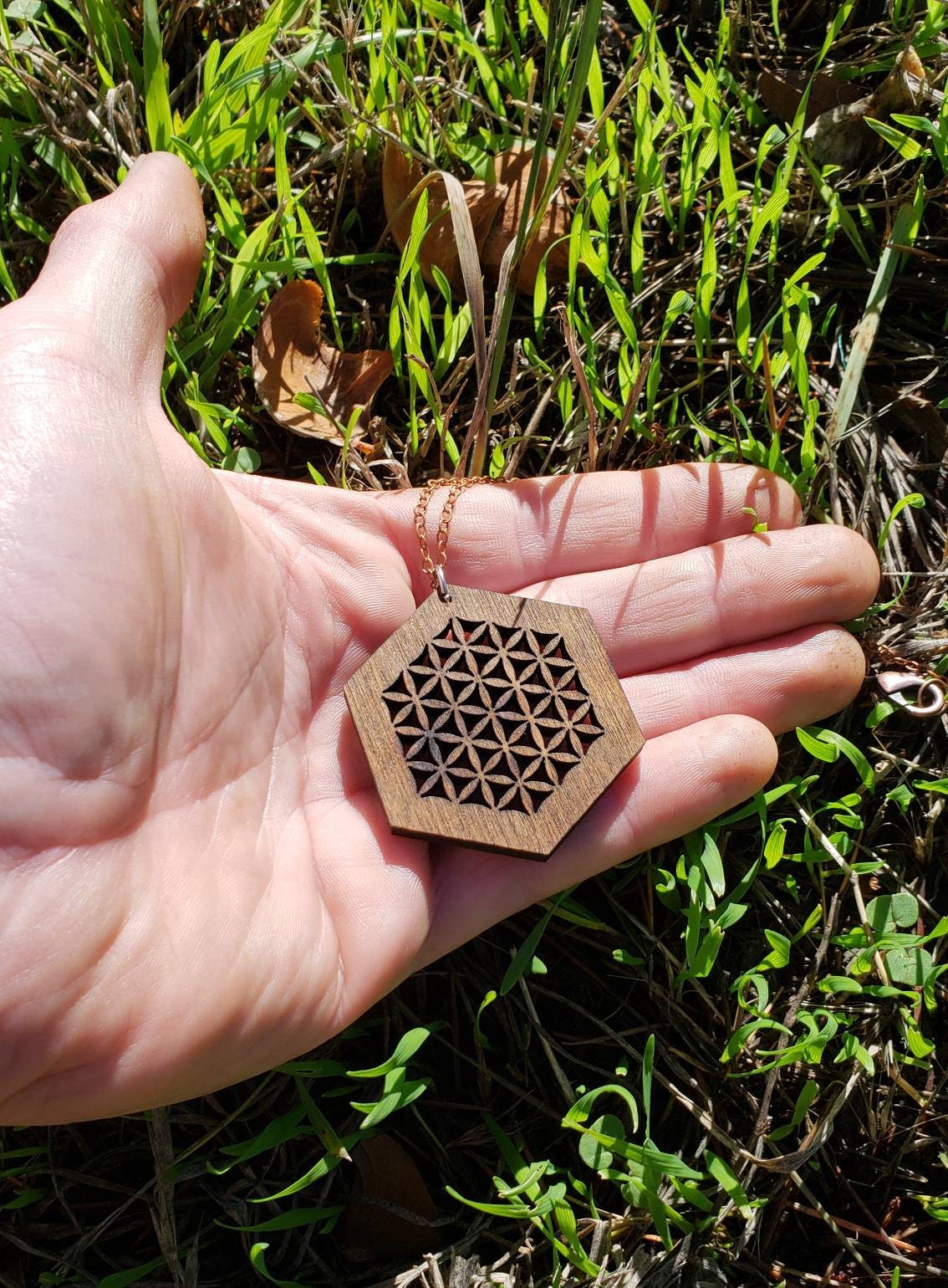 Flower of Life Laser Cut Reclaimed Wood Pendant with Copper Chain - Sacred Geometry