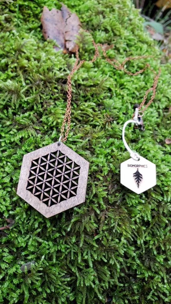 Flower of Life Laser Cut Reclaimed Wood Pendant with Copper Chain - Sacred Geometry