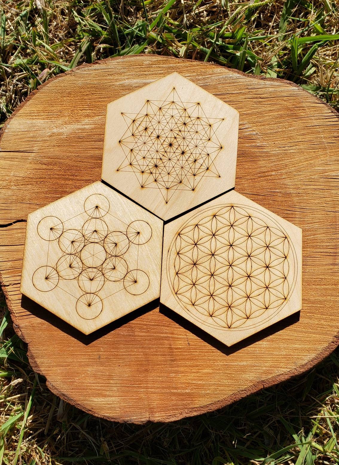 ONE Sacred Geometry Coaster or Mini Crystal Grid - Flower Of Life, 64 Tetrahedron, Metatron - LaserEngraved from Sustainably Grown Wood