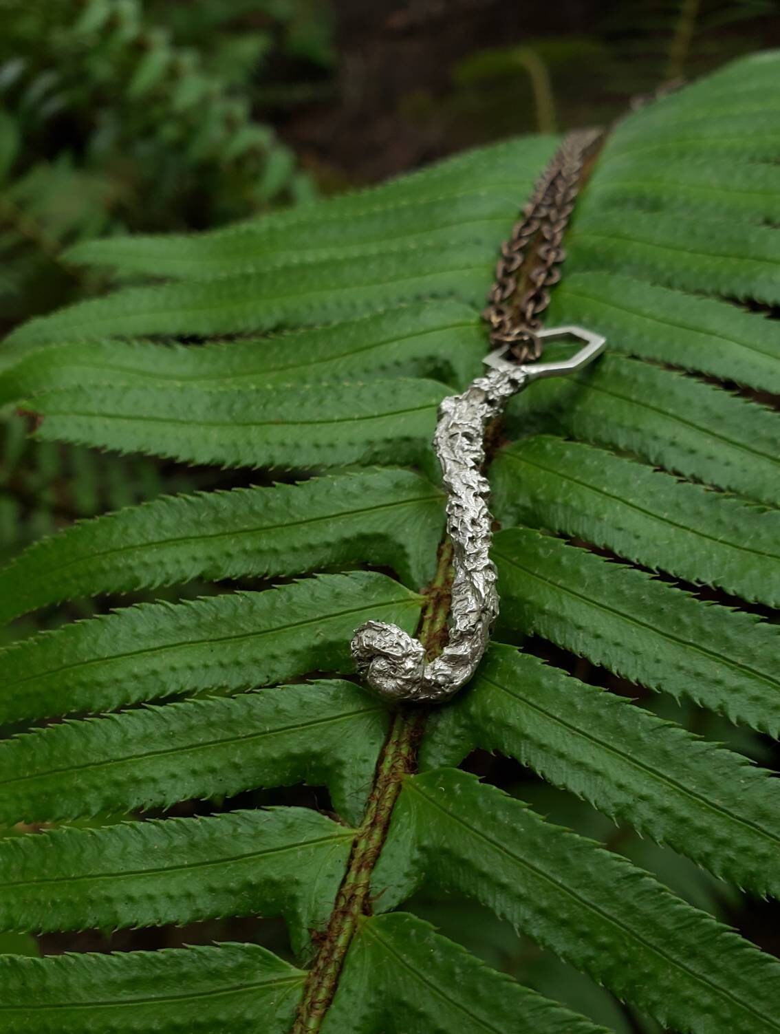 SALE - Western Swordfern Fiddlehead Hexagon Cast Mixed Metal Necklace with Chain - NorCal PNW West Coast Upper Left USA - Polystichum munitum