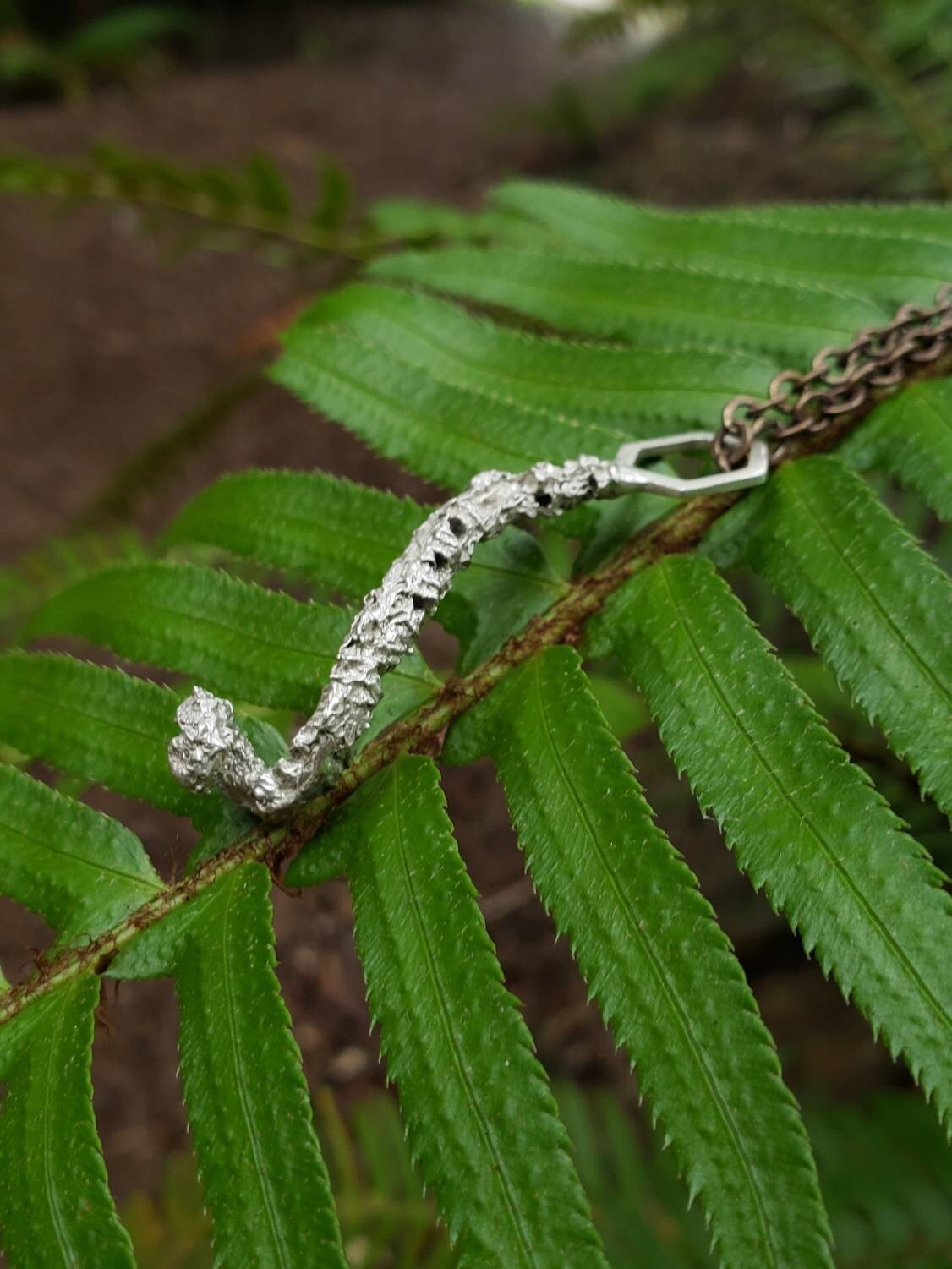 SALE - Western Swordfern Fiddlehead Hexagon Cast Mixed Metal Necklace with Chain - NorCal PNW West Coast Upper Left USA - Polystichum munitum