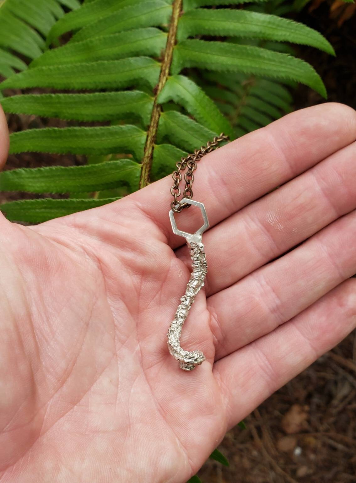 SALE - Western Swordfern Fiddlehead Hexagon Cast Mixed Metal Necklace with Chain - NorCal PNW West Coast Upper Left USA - Polystichum munitum