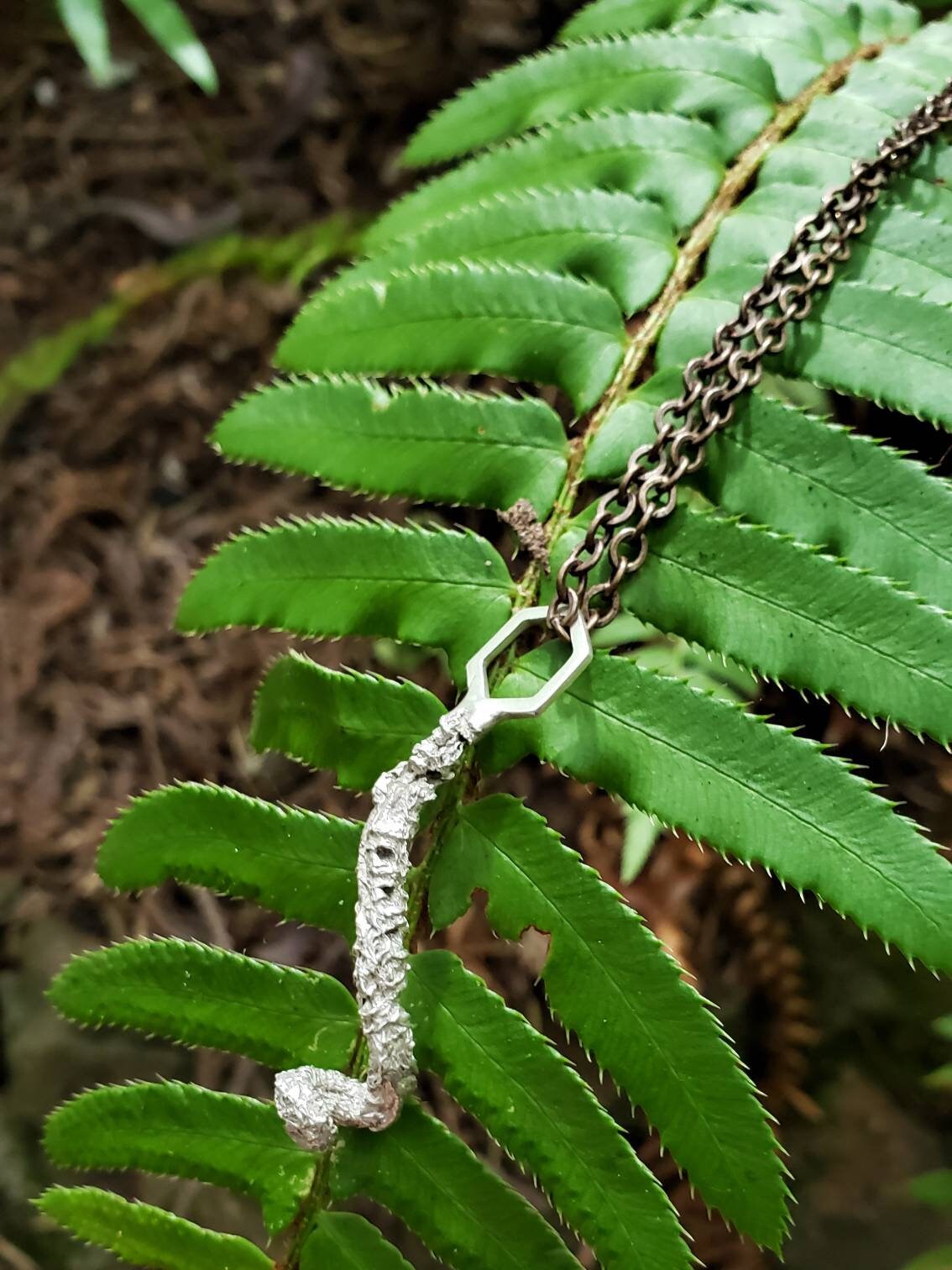 SALE - Western Swordfern Fiddlehead Hexagon Cast Mixed Metal Necklace with Chain - NorCal PNW West Coast Upper Left USA - Polystichum munitum