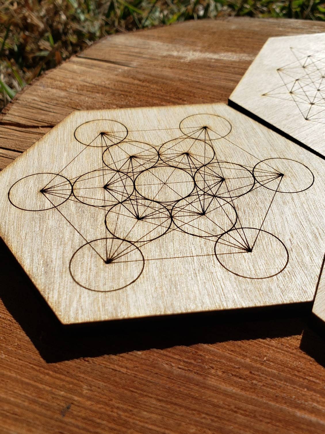 ONE Sacred Geometry Coaster or Mini Crystal Grid - Flower Of Life, 64 Tetrahedron, Metatron - LaserEngraved from Sustainably Grown Wood