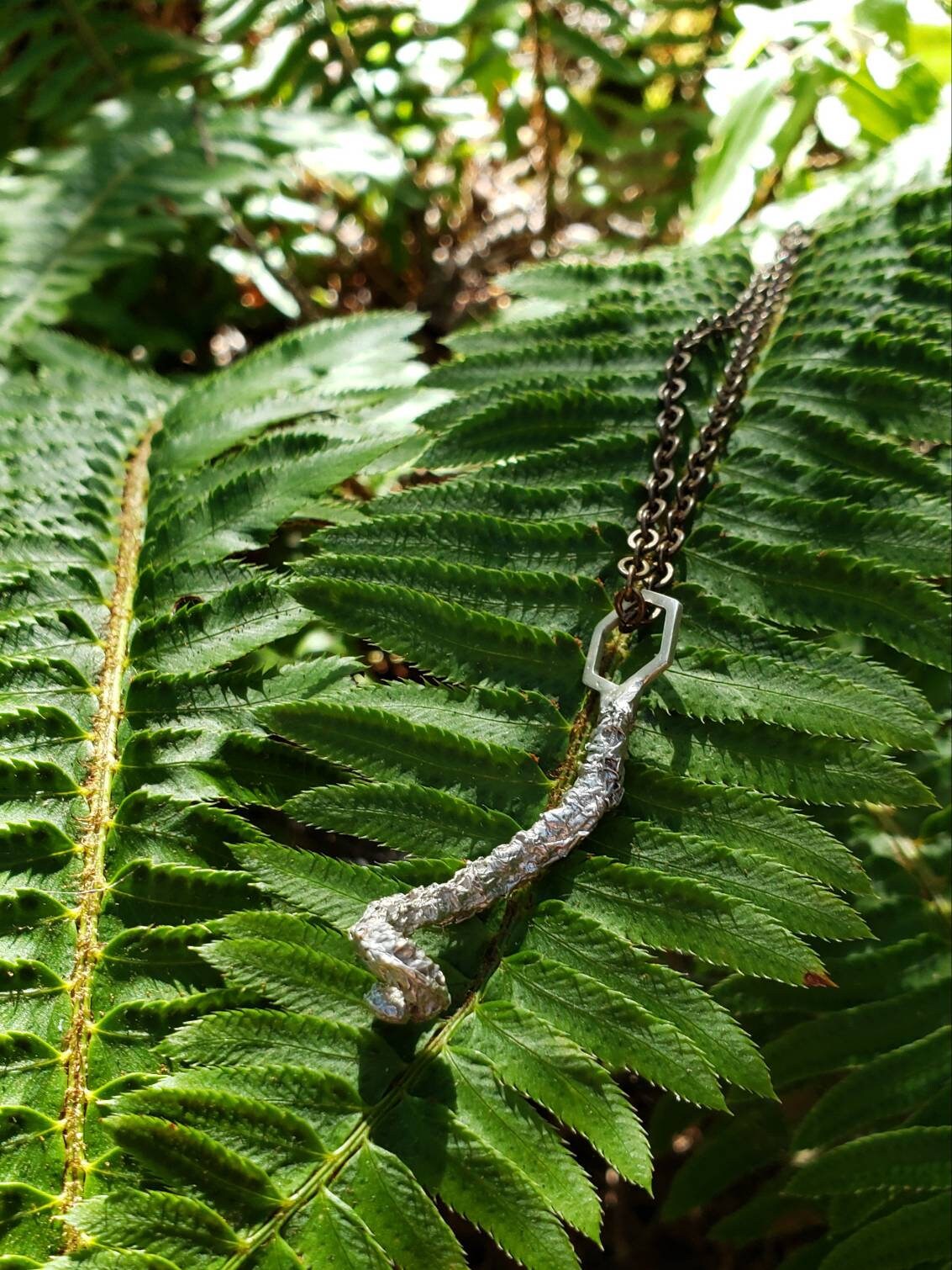 SALE - Western Swordfern Fiddlehead Hexagon Cast Mixed Metal Necklace with Chain - NorCal PNW West Coast Upper Left USA - Polystichum munitum