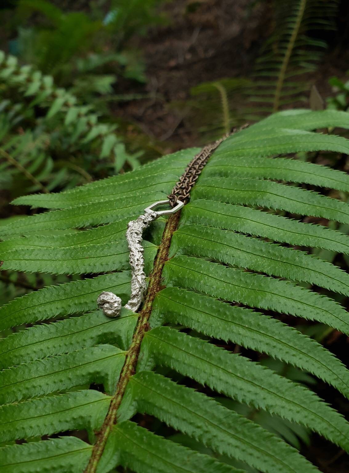 SALE - Western Swordfern Fiddlehead Hexagon Cast Mixed Metal Necklace with Chain - NorCal PNW West Coast Upper Left USA - Polystichum munitum