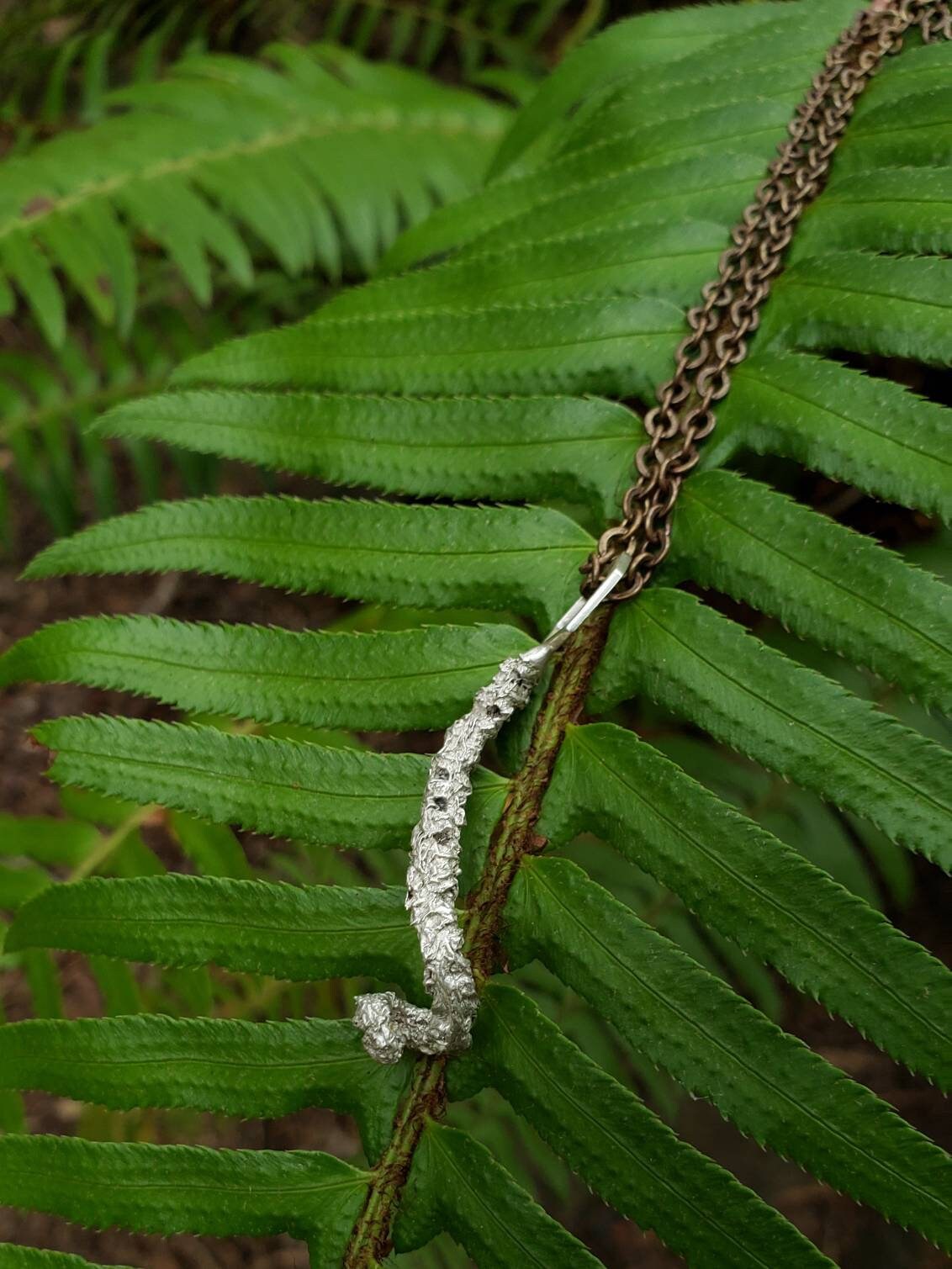 SALE - Western Swordfern Fiddlehead Hexagon Cast Mixed Metal Necklace with Chain - NorCal PNW West Coast Upper Left USA - Polystichum munitum