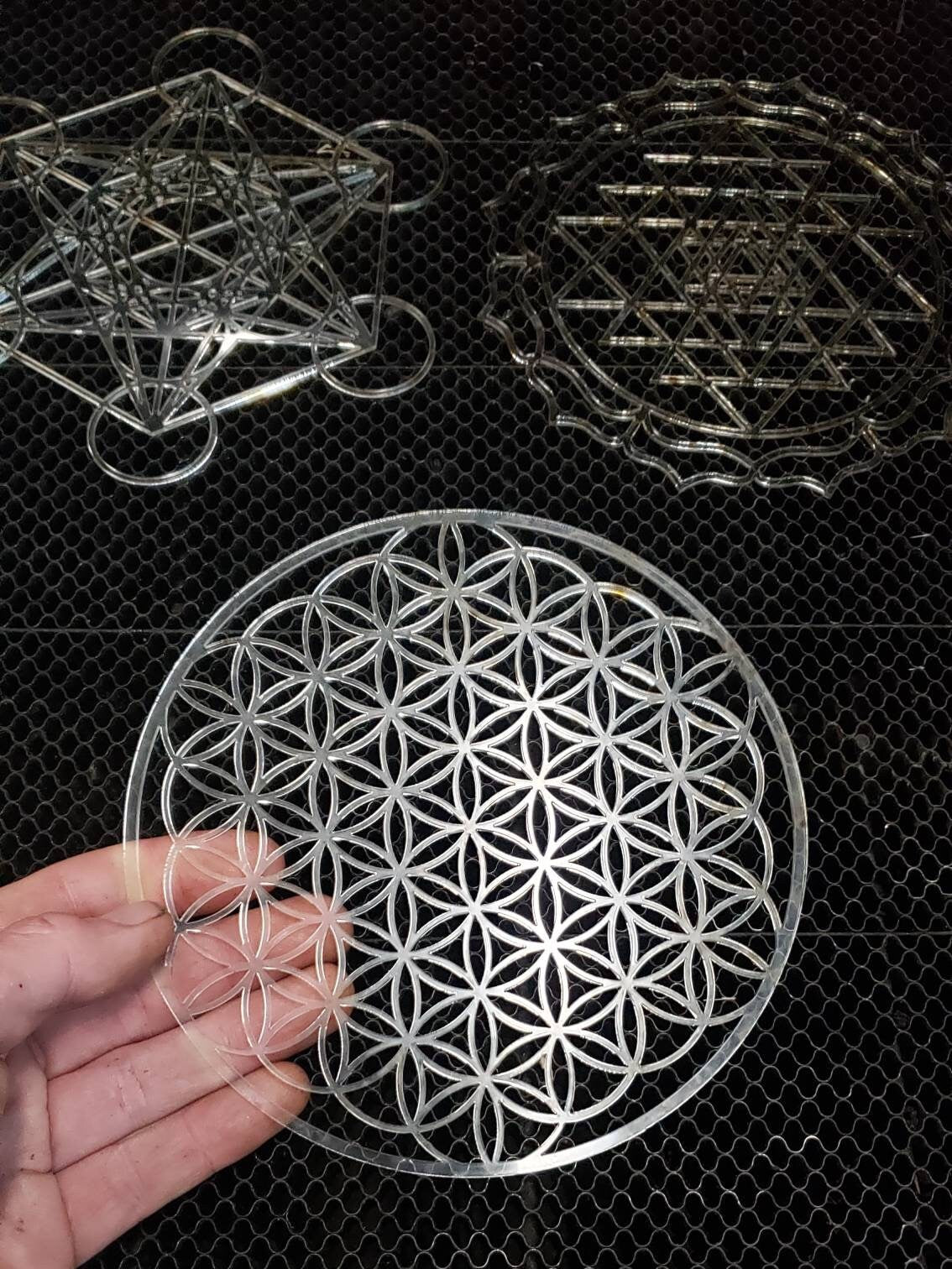 Mini Sacred Geometry Drafting Template in Lasercut Acrylic - Choice of Flower of Life, Metatron's Cube, or Sri Yantra - Rigid Stencil