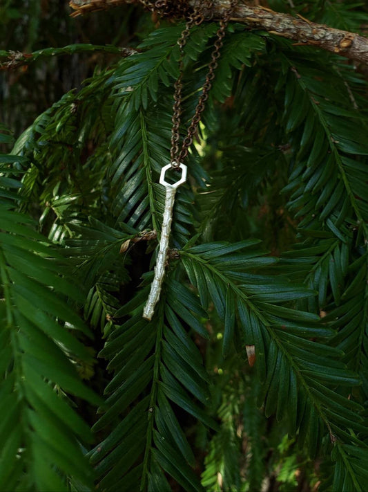 Key to the Forest - Redwood Twig Hexagon Cast 925 Silver Pendant with Copper Chain - NorCal PNW Style Rustic Chic West Coast Jewelry