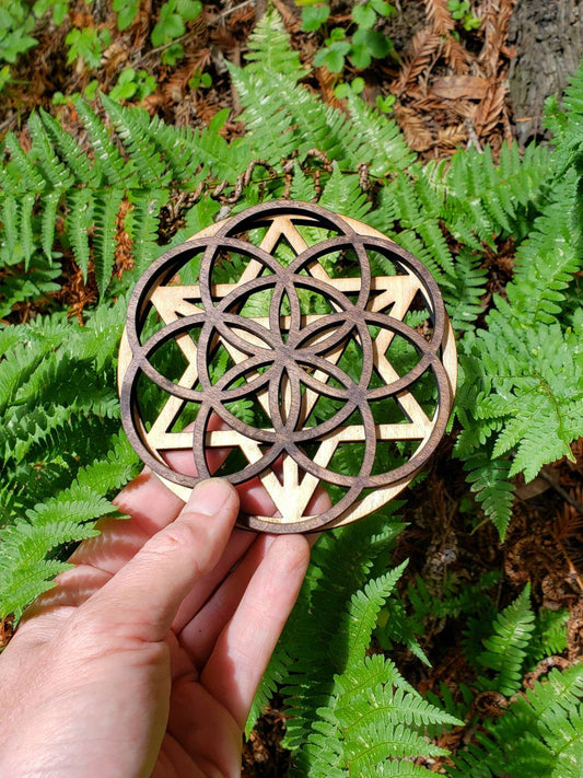 Mini Double Layer Sacred Geometry Wood Art or Crystal Grid - Star Tetrahedron - Seed of Life