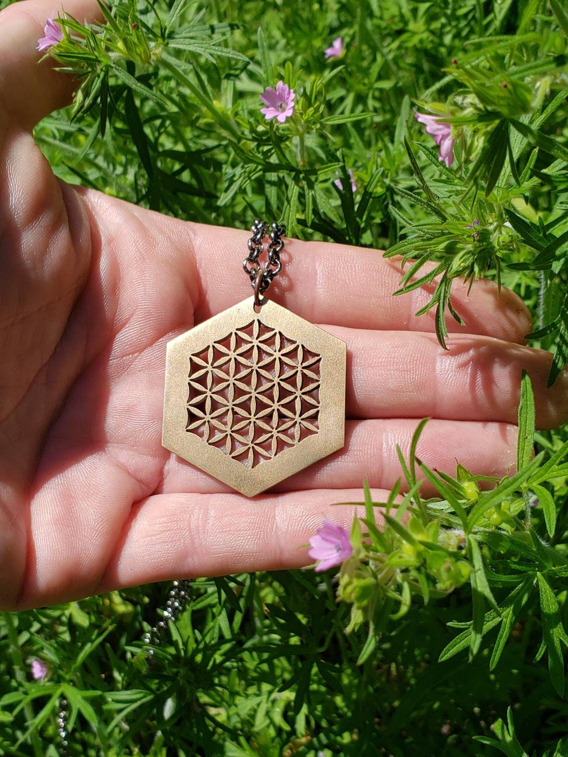 Flower of Life Hexagon Pendant in Cast Solid Bronze with Chain - Sacred Geometry Jewelry - Healing