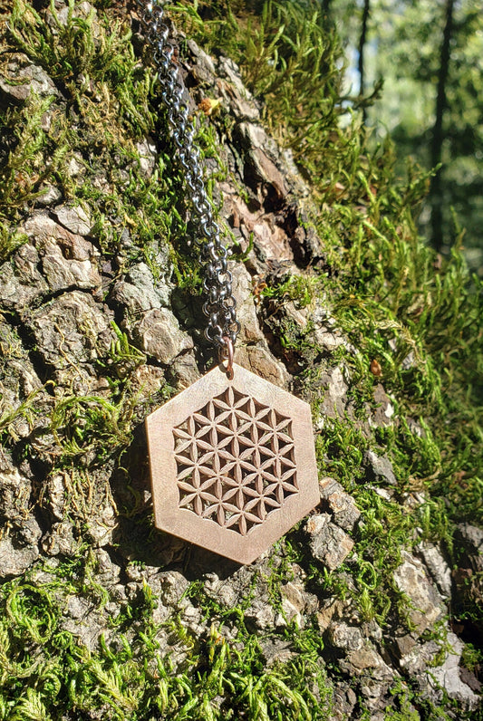 Flower of Life Hexagon Pendant in Cast Solid Bronze with Chain - Sacred Geometry Jewelry - Healing