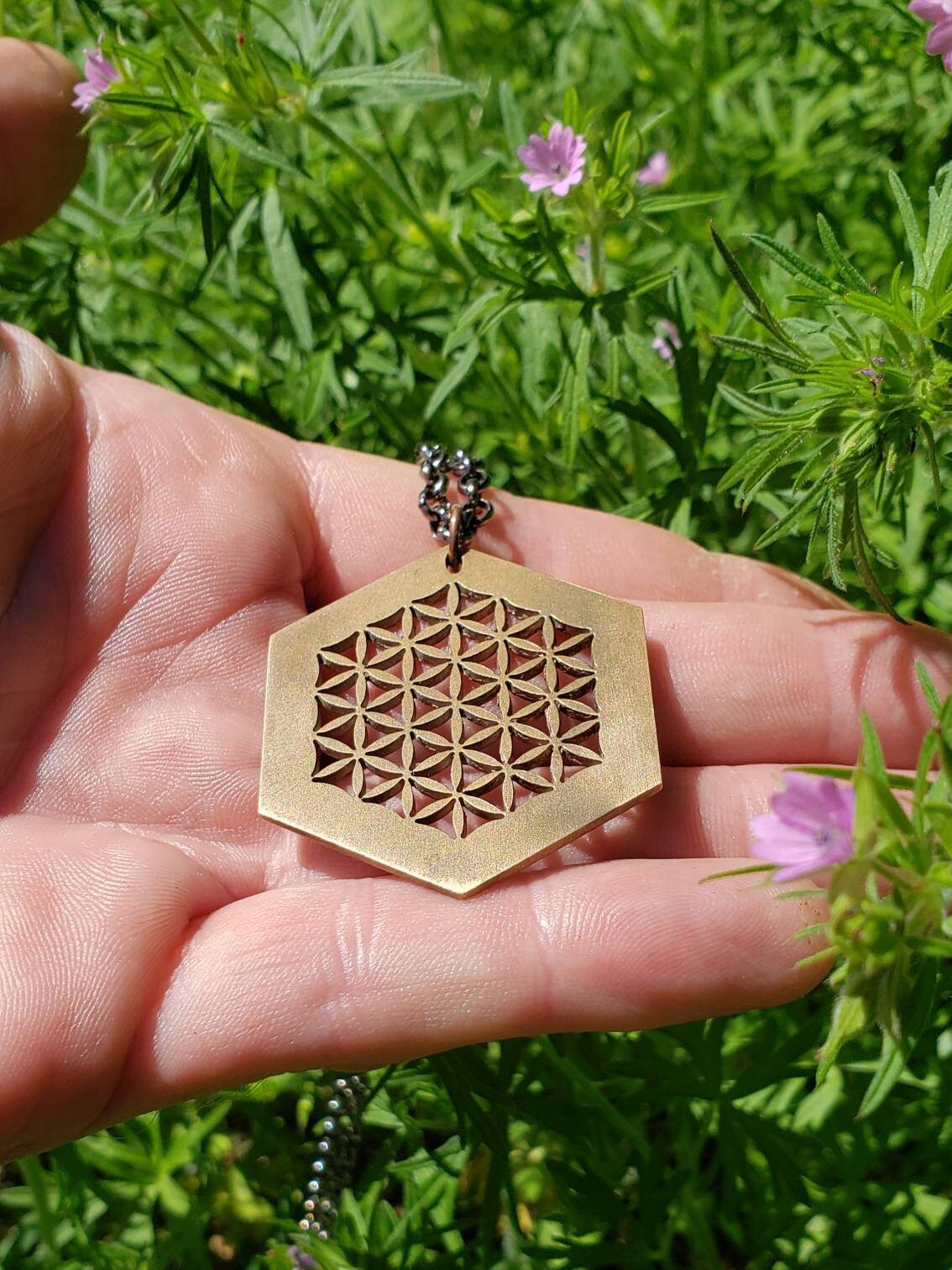 Flower of Life Hexagon Pendant in Cast Solid Bronze with Chain - Sacred Geometry Jewelry - Healing
