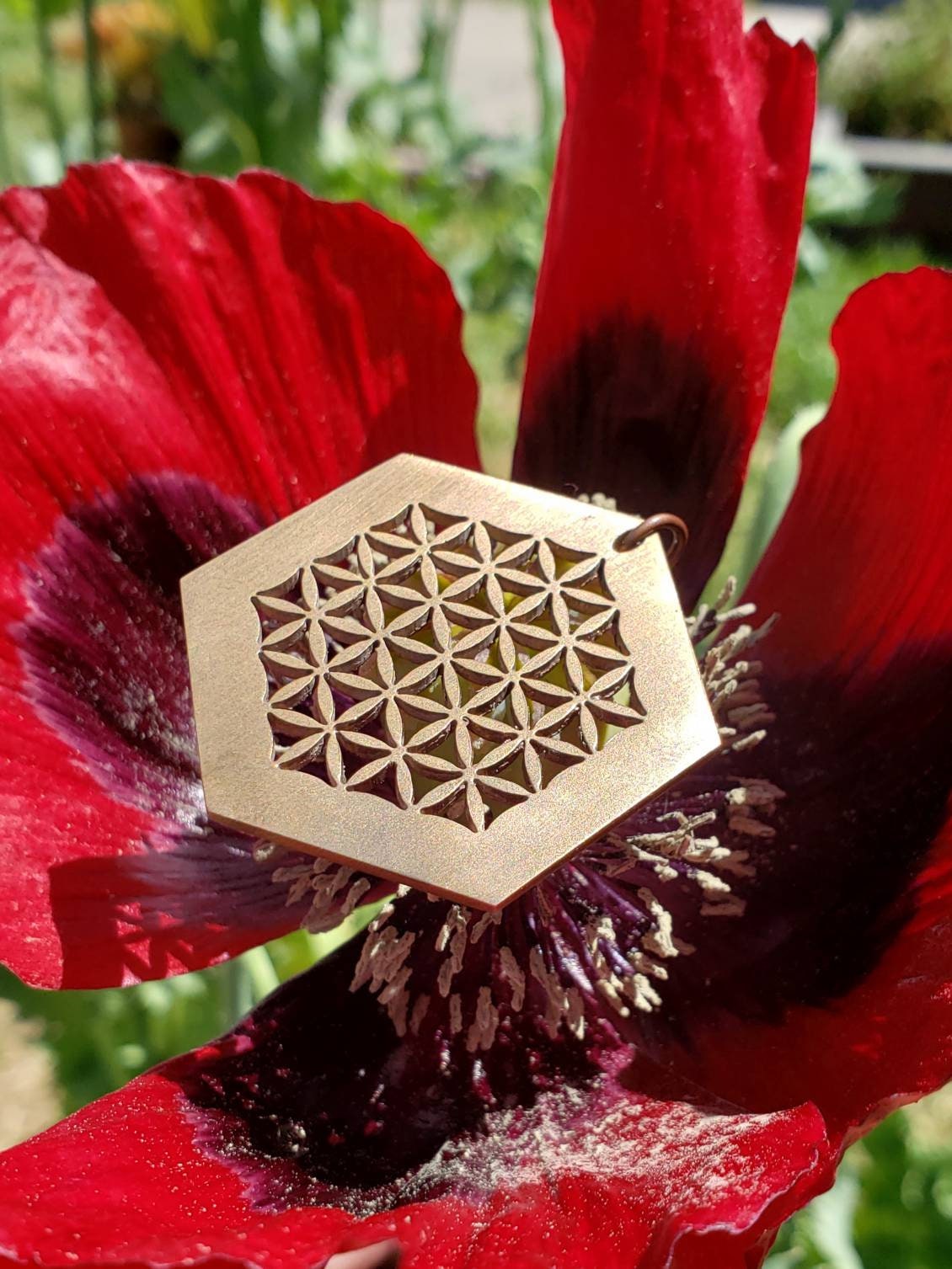 Flower of Life Hexagon Pendant in Cast Solid Bronze with Chain - Sacred Geometry Jewelry - Healing