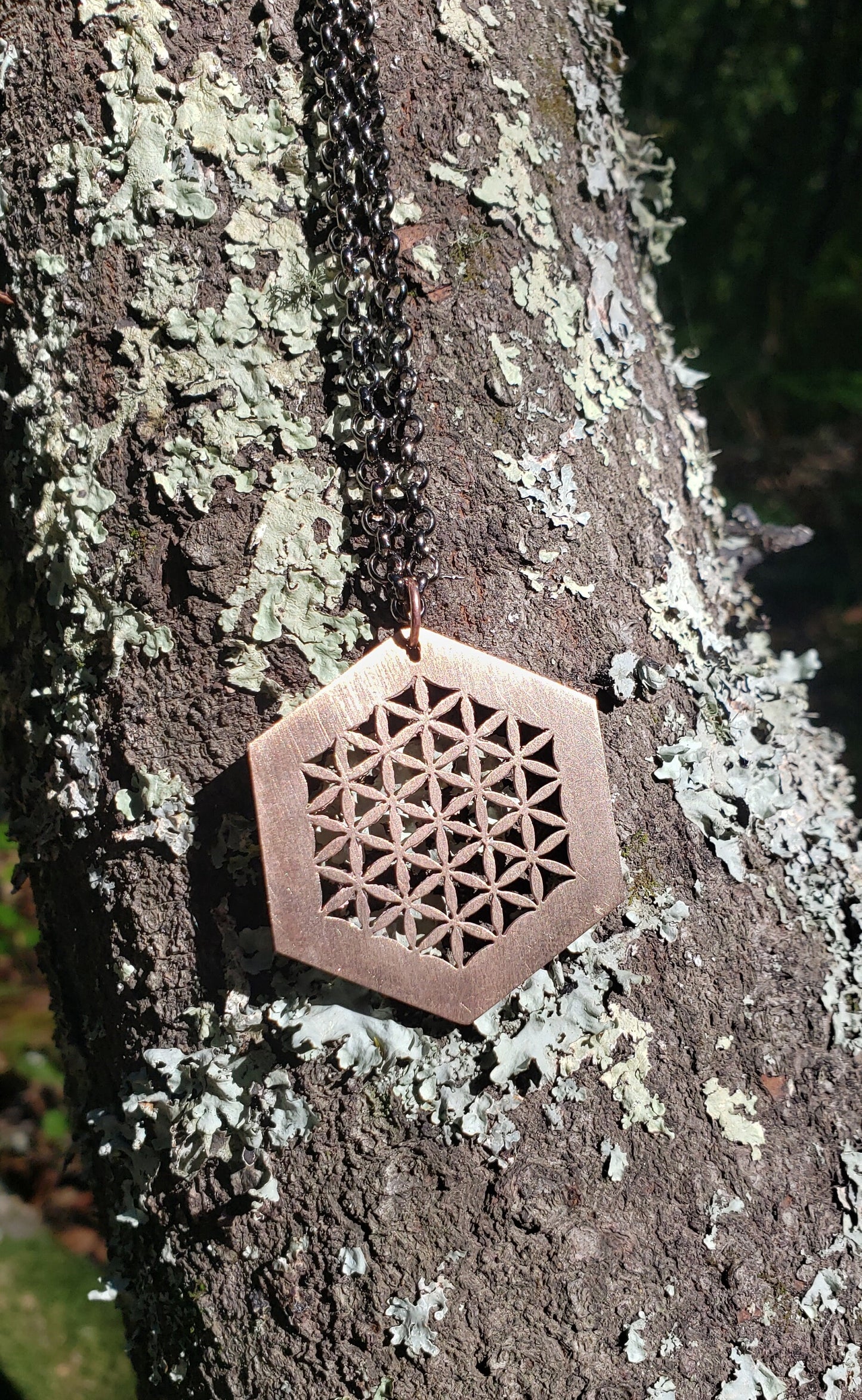 Flower of Life Hexagon Pendant in Cast Solid Bronze with Chain - Sacred Geometry Jewelry - Healing