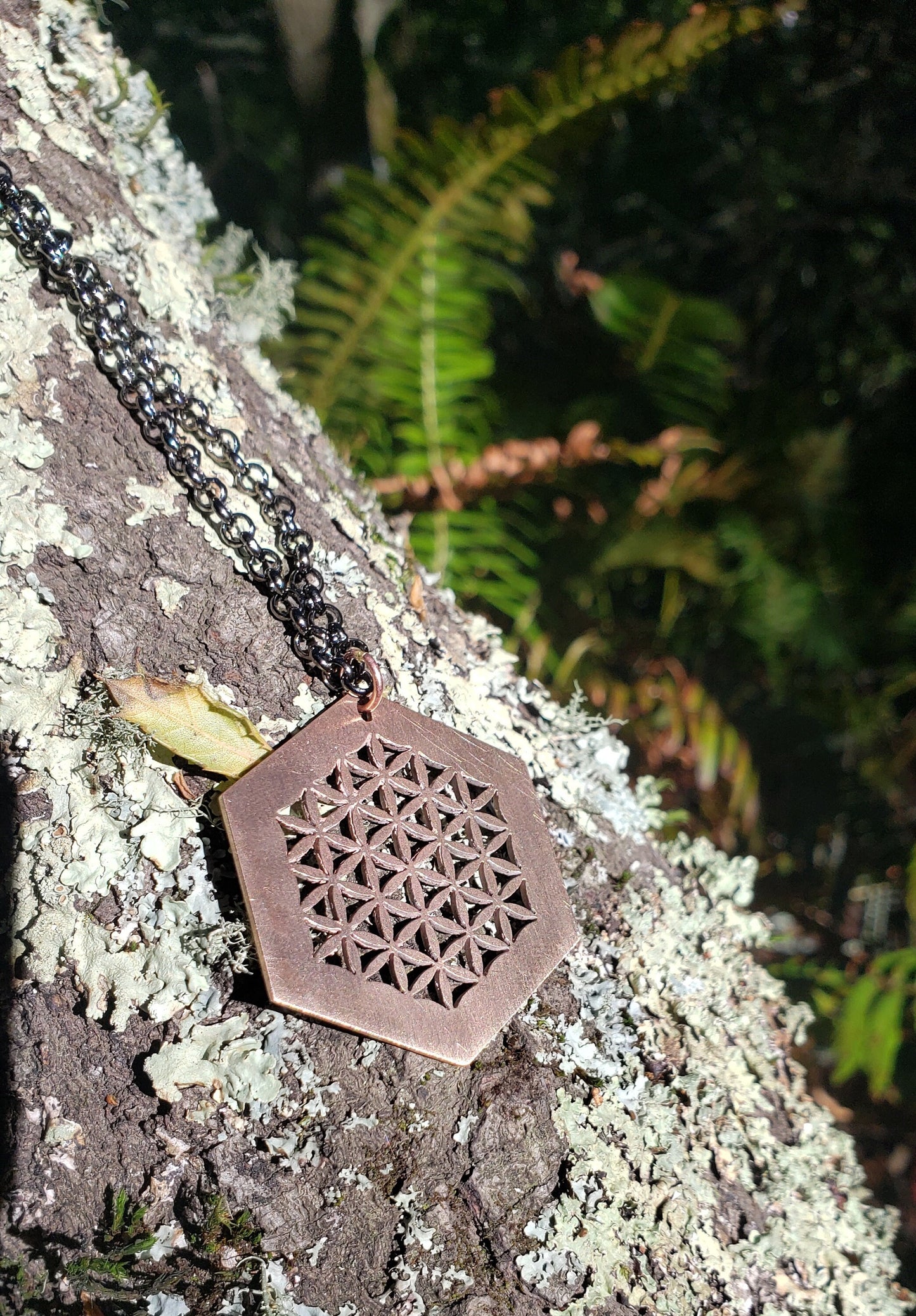 Flower of Life Hexagon Pendant in Cast Solid Bronze with Chain - Sacred Geometry Jewelry - Healing