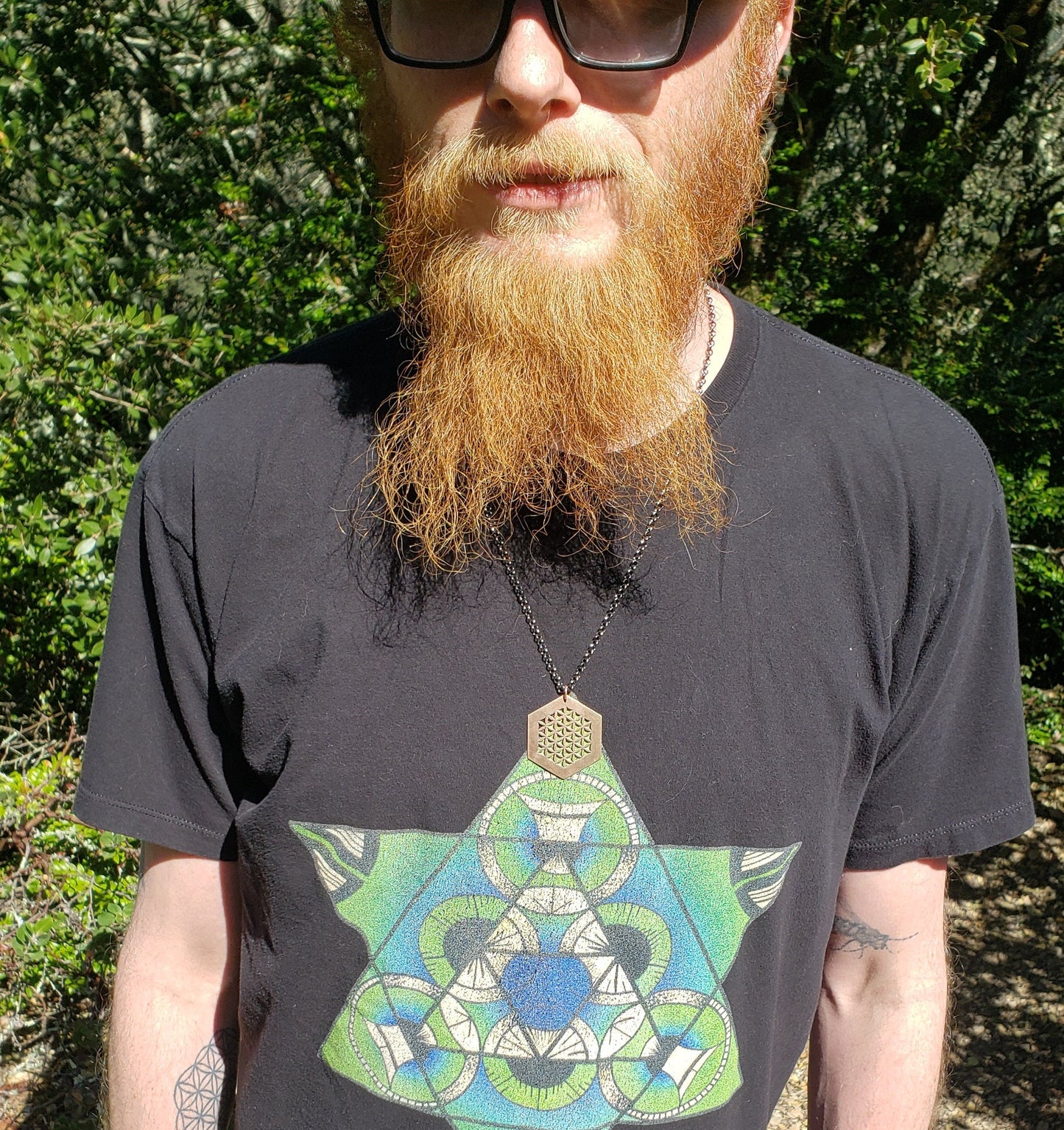 Flower of Life Hexagon Pendant in Cast Solid Bronze with Chain - Sacred Geometry Jewelry - Healing