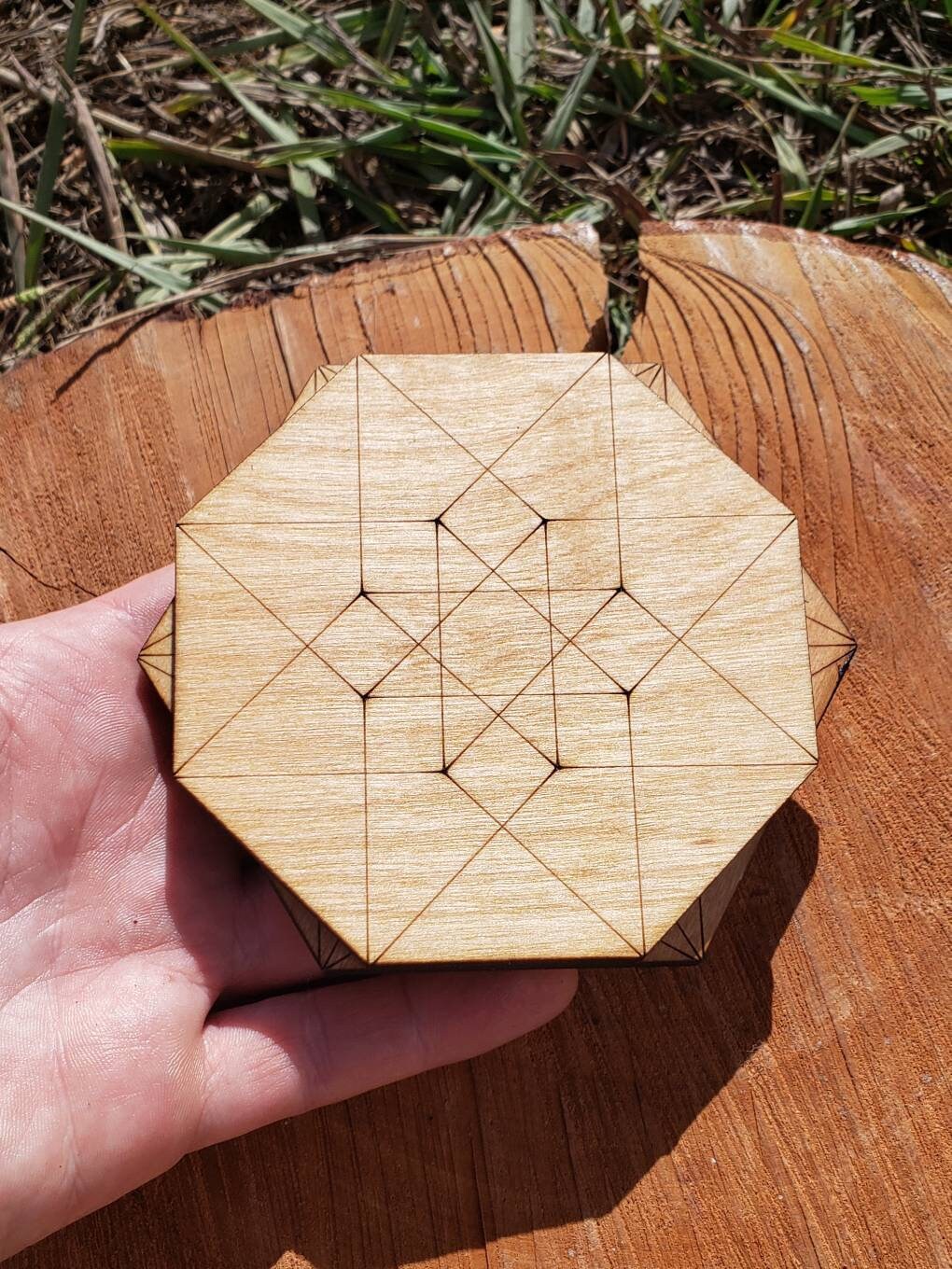 ONE Sacred Geometry Coaster or Mini Crystal Grid - Hypercube Tesseract or Vector Equilibrium  - LaserEngraved from Sustainably Grown Wood