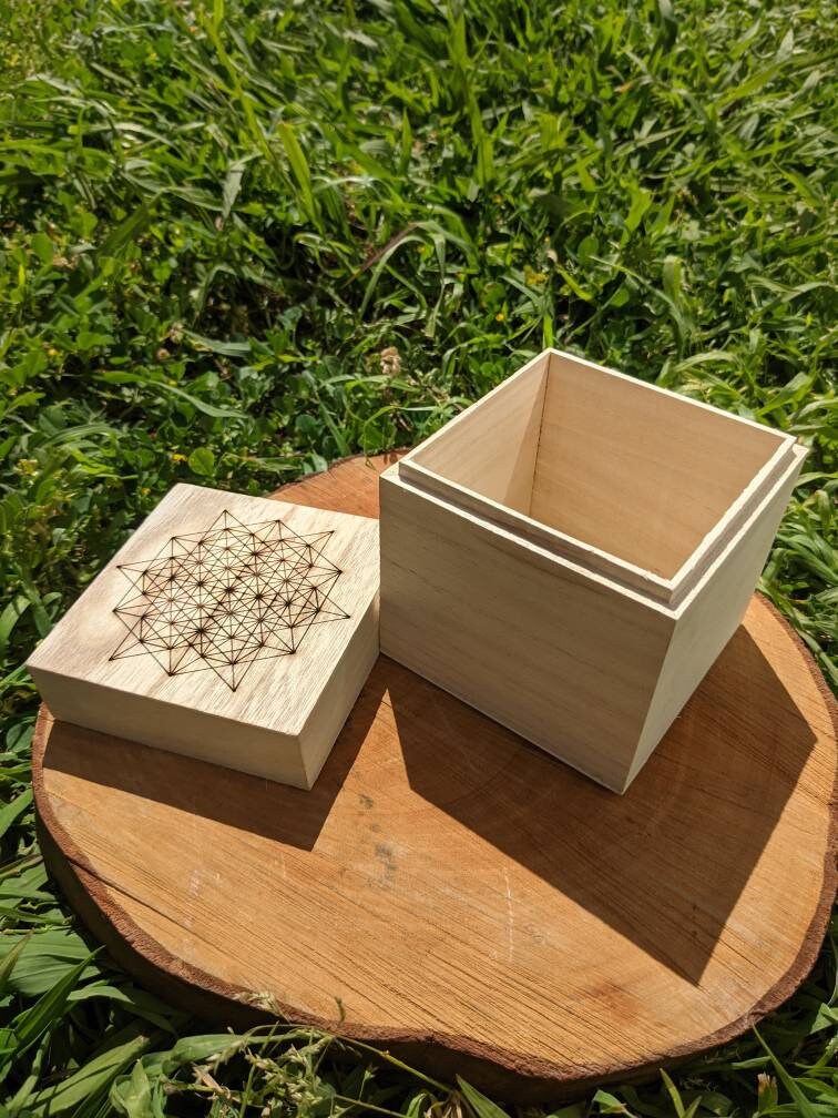 64 Tetrahedron Grid Laser Engraved Cubic Wooden Box - Sacred Geometry - Crystal Grid Storage Box