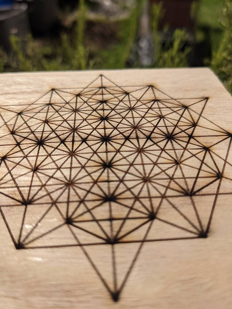 64 Tetrahedron Grid Laser Engraved Cubic Wooden Box - Sacred Geometry - Crystal Grid Storage Box