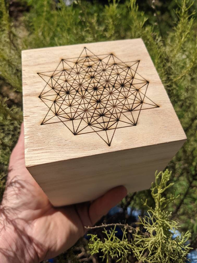 64 Tetrahedron Grid Laser Engraved Cubic Wooden Box - Sacred Geometry - Crystal Grid Storage Box