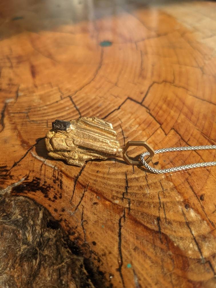 SALE - Tourmaline Crystal Hexagon Pendant with Cast in Place California Black Tourmaline Pendant in Brass with 925 Sterling Silver Popcorn Chain