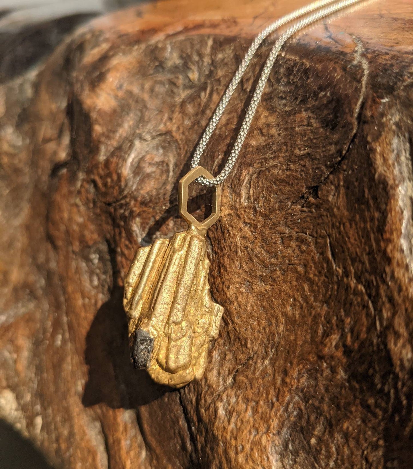 SALE - Tourmaline Crystal Hexagon Pendant with Cast in Place California Black Tourmaline Pendant in Brass with 925 Sterling Silver Popcorn Chain