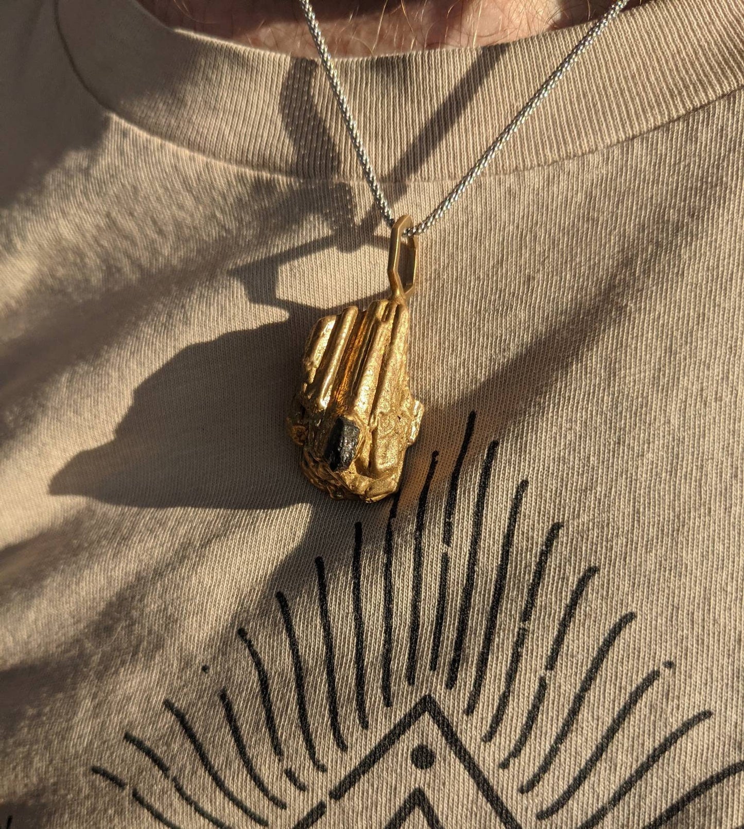 SALE - Tourmaline Crystal Hexagon Pendant with Cast in Place California Black Tourmaline Pendant in Brass with 925 Sterling Silver Popcorn Chain