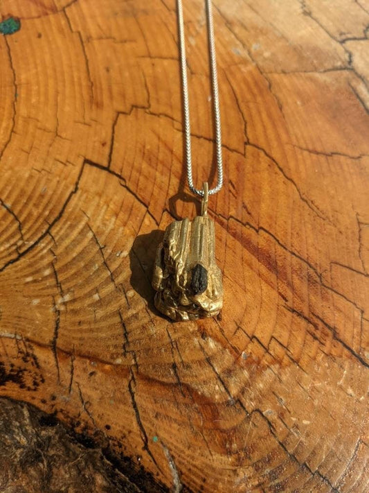 SALE - Tourmaline Crystal Hexagon Pendant with Cast in Place California Black Tourmaline Pendant in Brass with 925 Sterling Silver Popcorn Chain