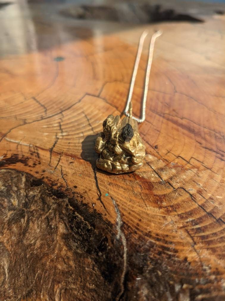 SALE - Tourmaline Crystal Hexagon Pendant with Cast in Place California Black Tourmaline Pendant in Brass with 925 Sterling Silver Popcorn Chain